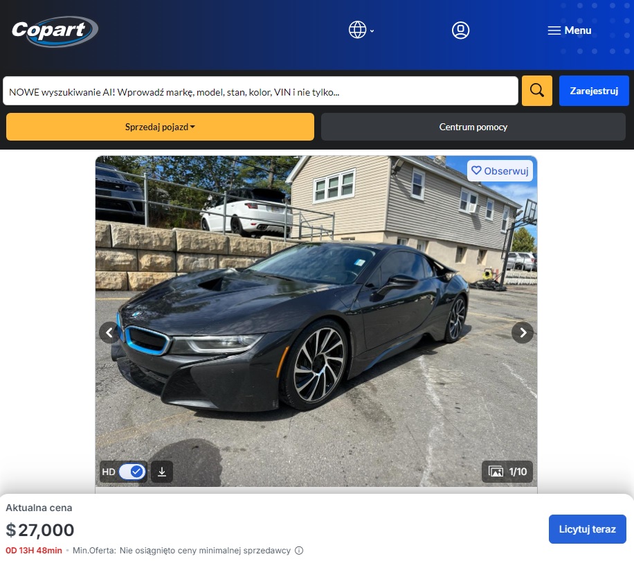 copart widok przykładowej aukcji do licytacji